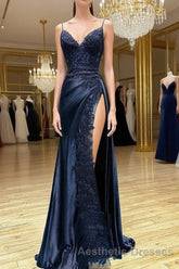 Dark Blue V Neck Satin Lace Long Evening Prom Dresses, Dark Blue Lace Long Evening Prom Dresses